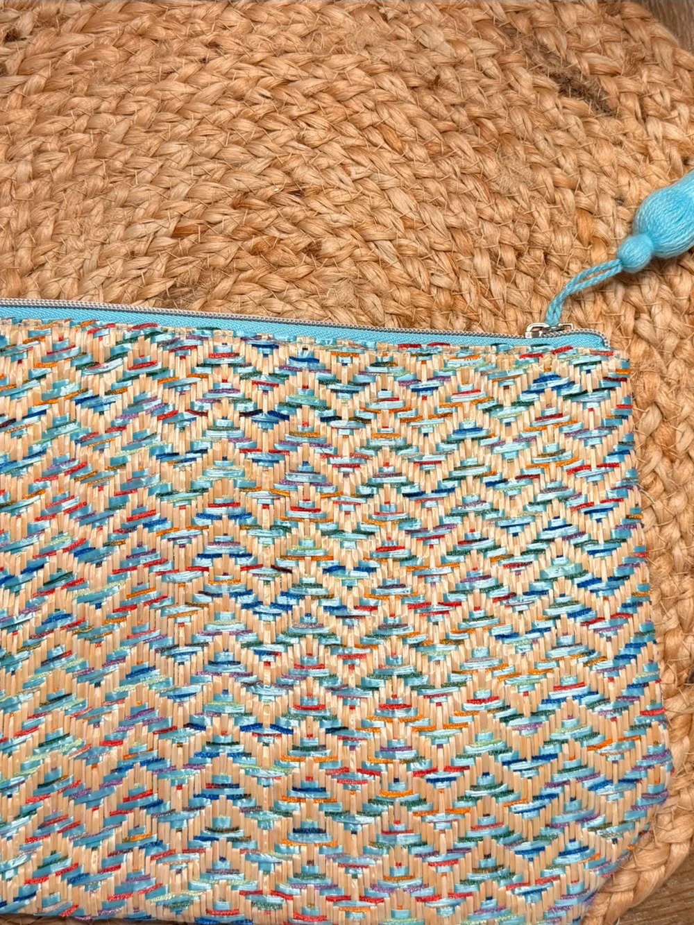 Lancome Blue and Natural Woven Cosmetic Pouch with Tassel